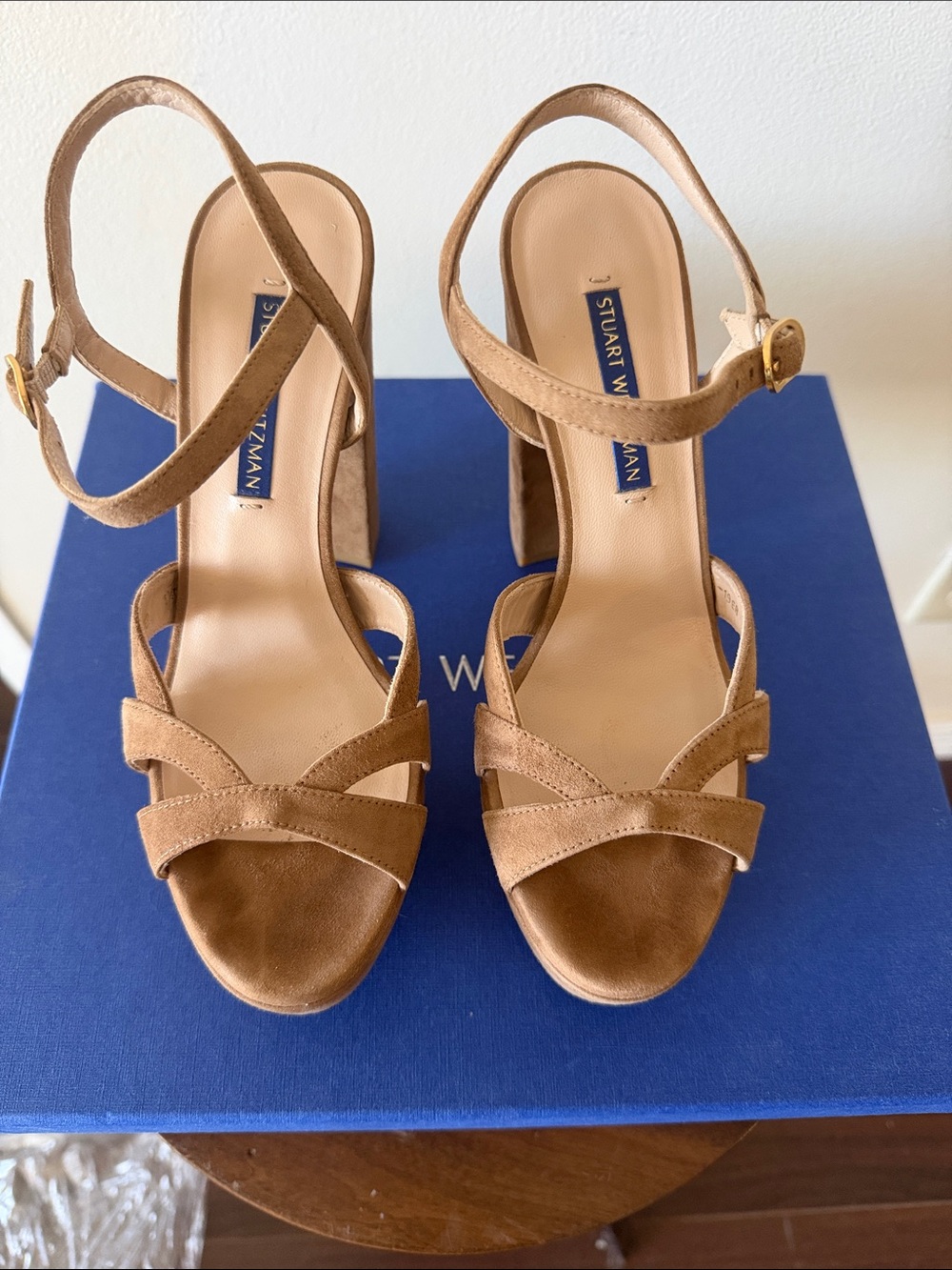 Stuart Weitzman Misty Brown Suede Strappy Platform Block Heel Sandals